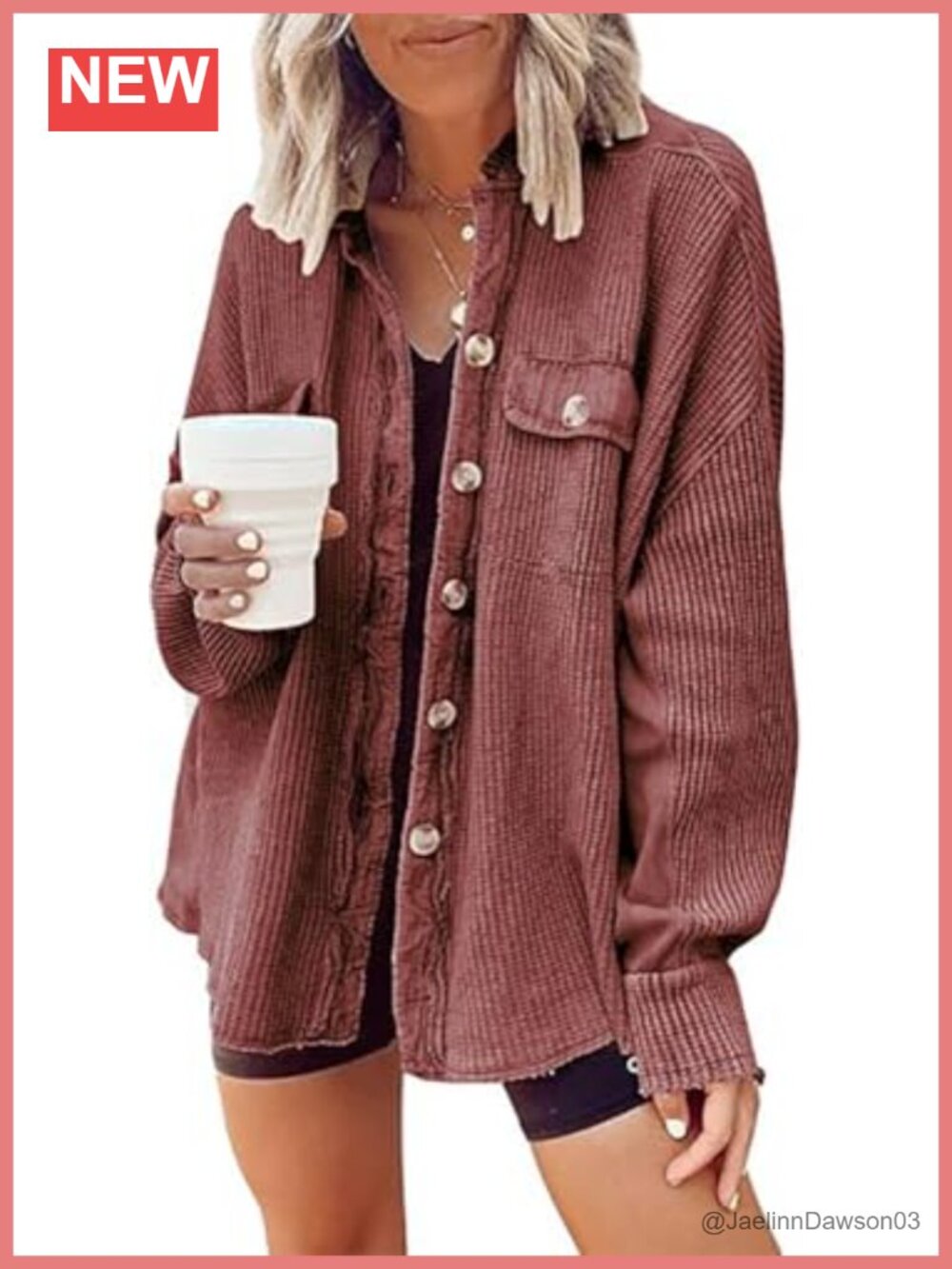 Waffle Knit Shacket Loose Fit Long Sleeve Button Down Shirt Jacket